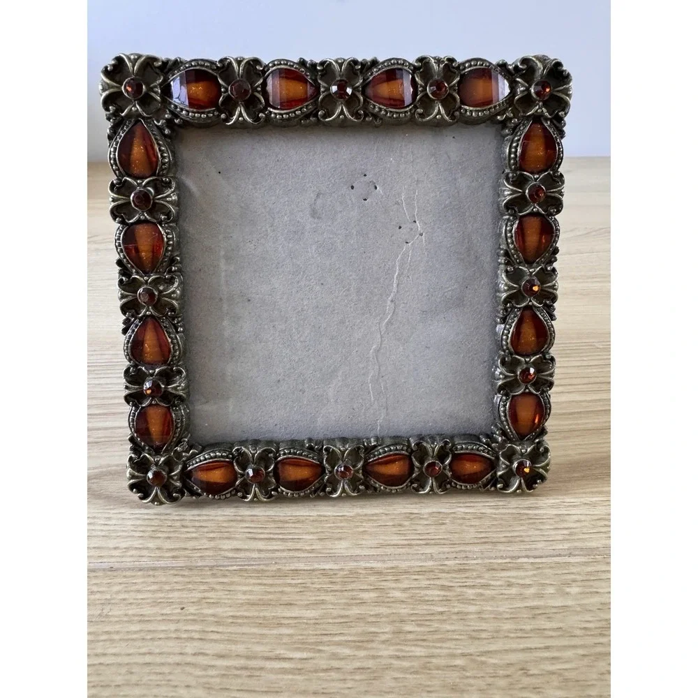 Vintage Jeweled Picture Frame 4x4 Amber Rhinestone Ornate Floral Metal